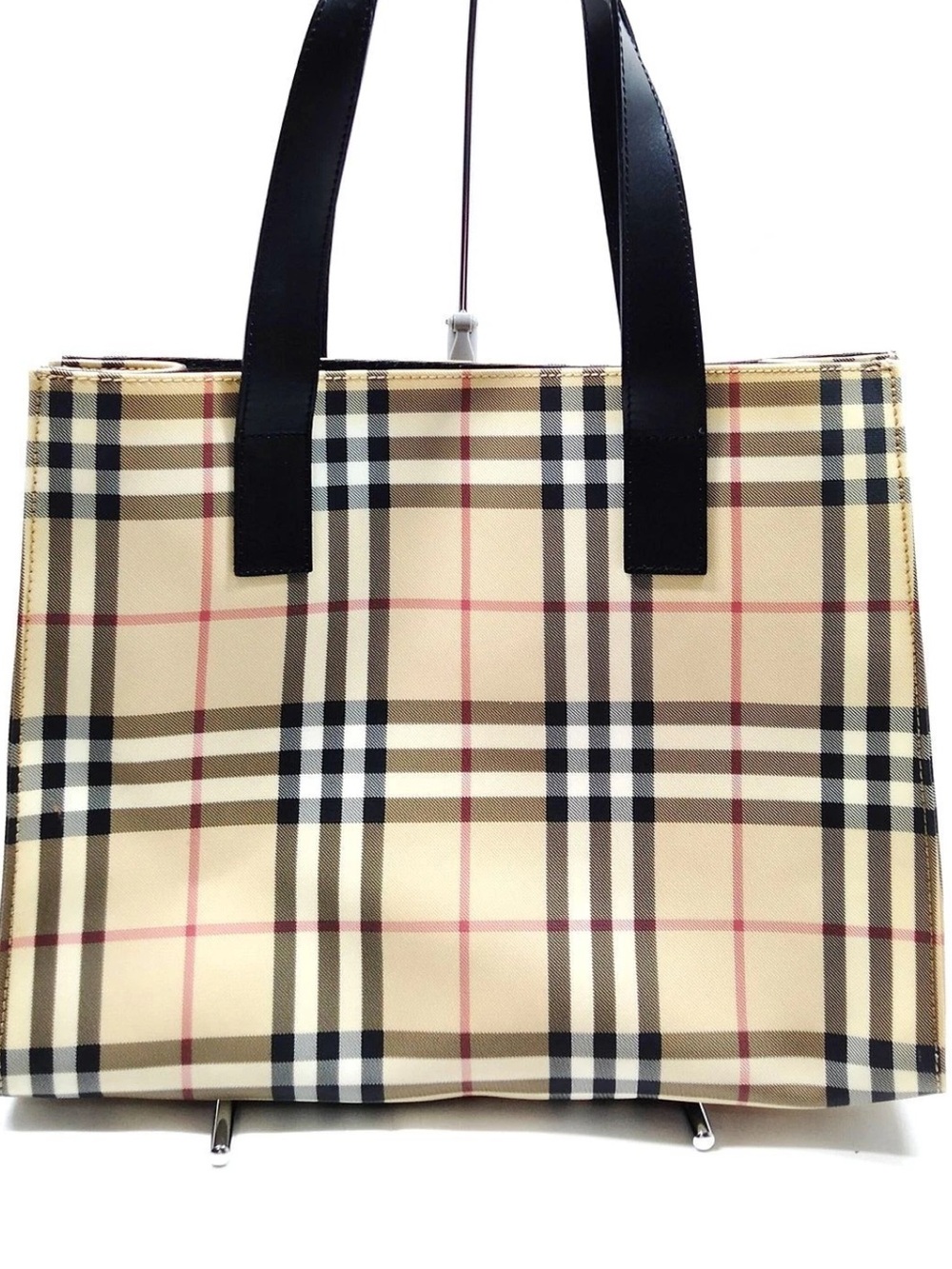 BURBERRY London Nova Check Tote Bag Beige Black Leather Top Handle Large